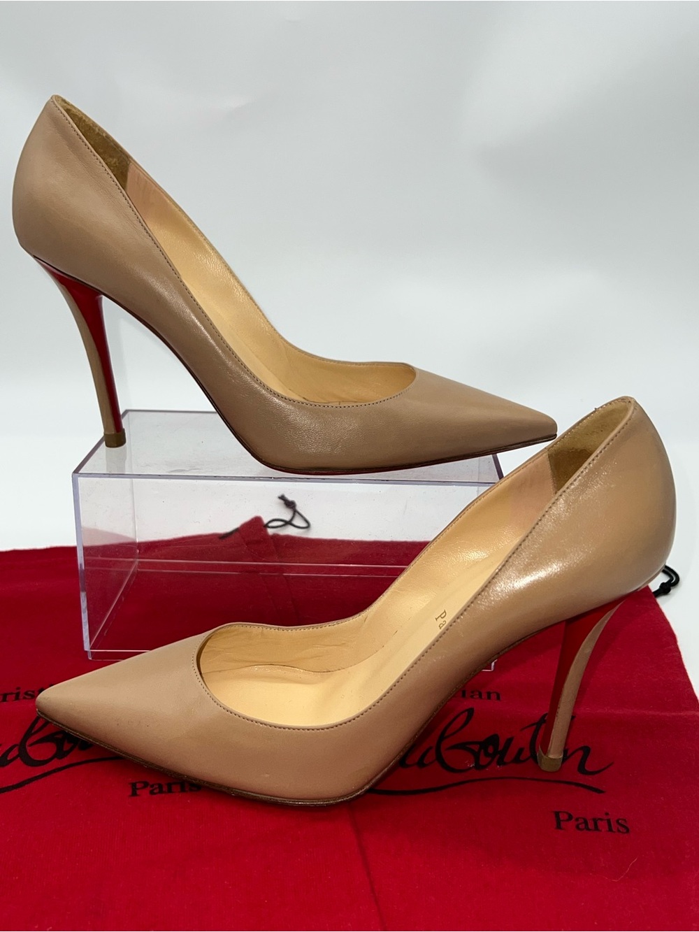 Christian Louboutin Miss Z Tan Leather Pointed-Toe Pumps w/Red Bottoms-Size 40